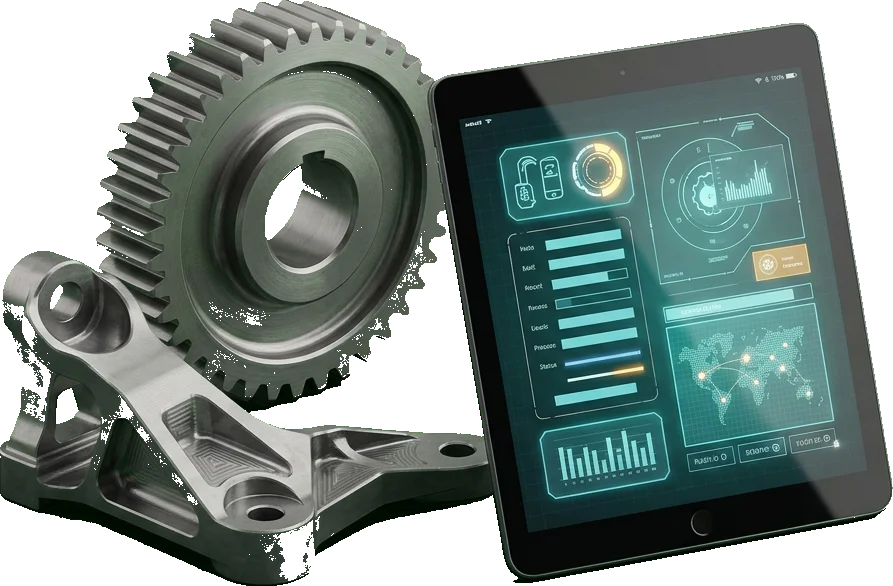 A machined gear, a CNC bracket and a tablet showing a production dashboard