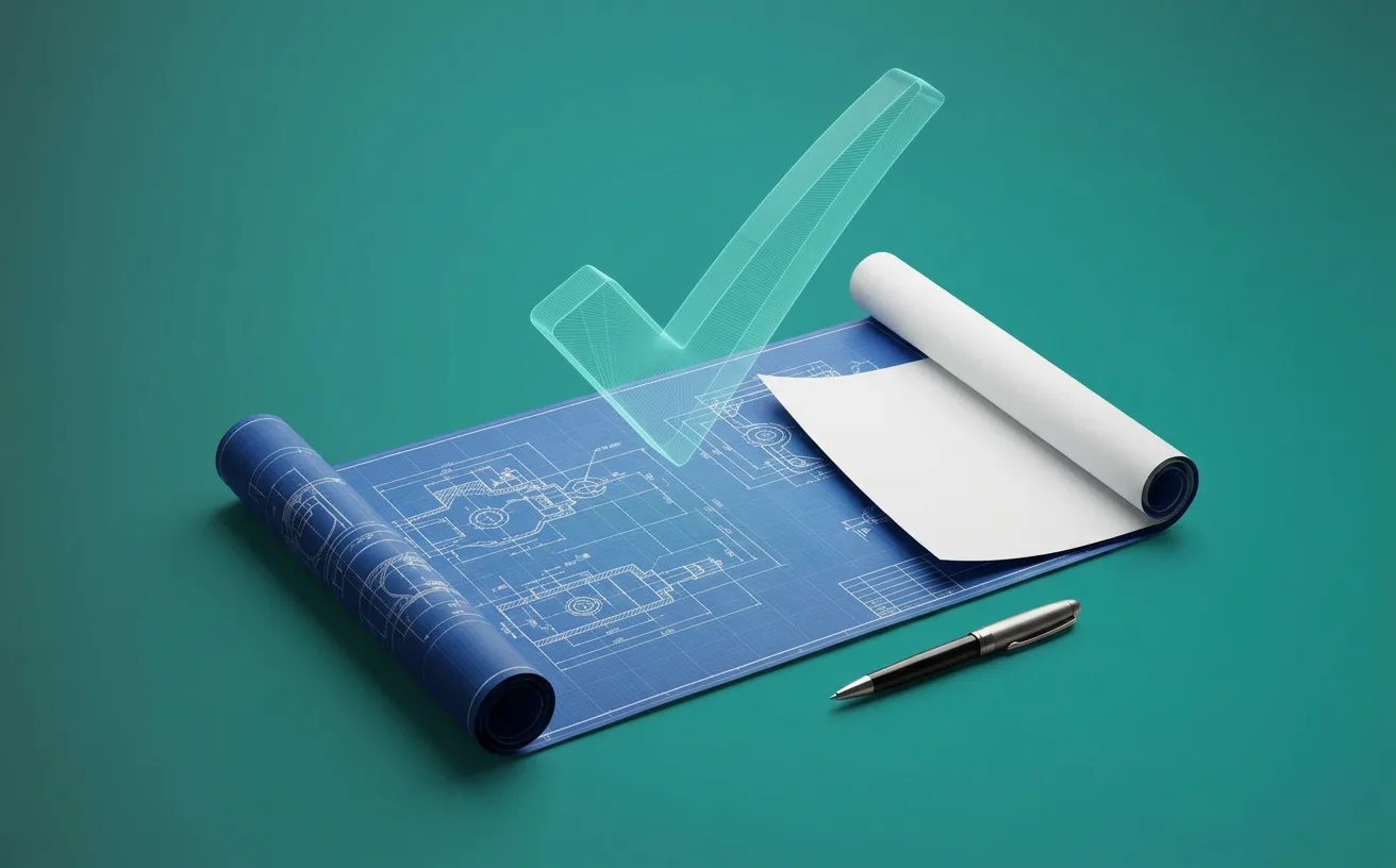 A blueprint and a quote document with a holographic tick