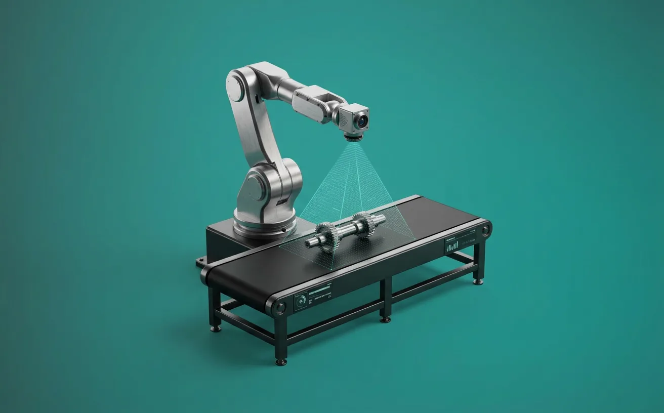 A robotic arm inspecting a machined part on a conveyor