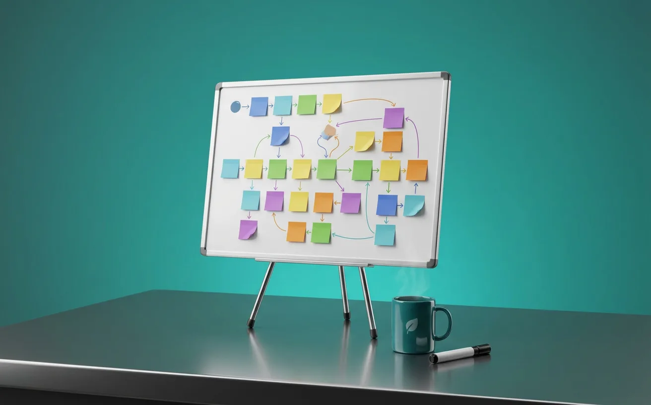 A whiteboard with a sticky-note process map